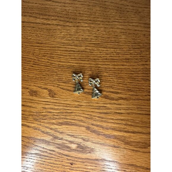 Bow & Christmas Tree Drop Earrings Gold Tone vintage - Picture 2 of 2